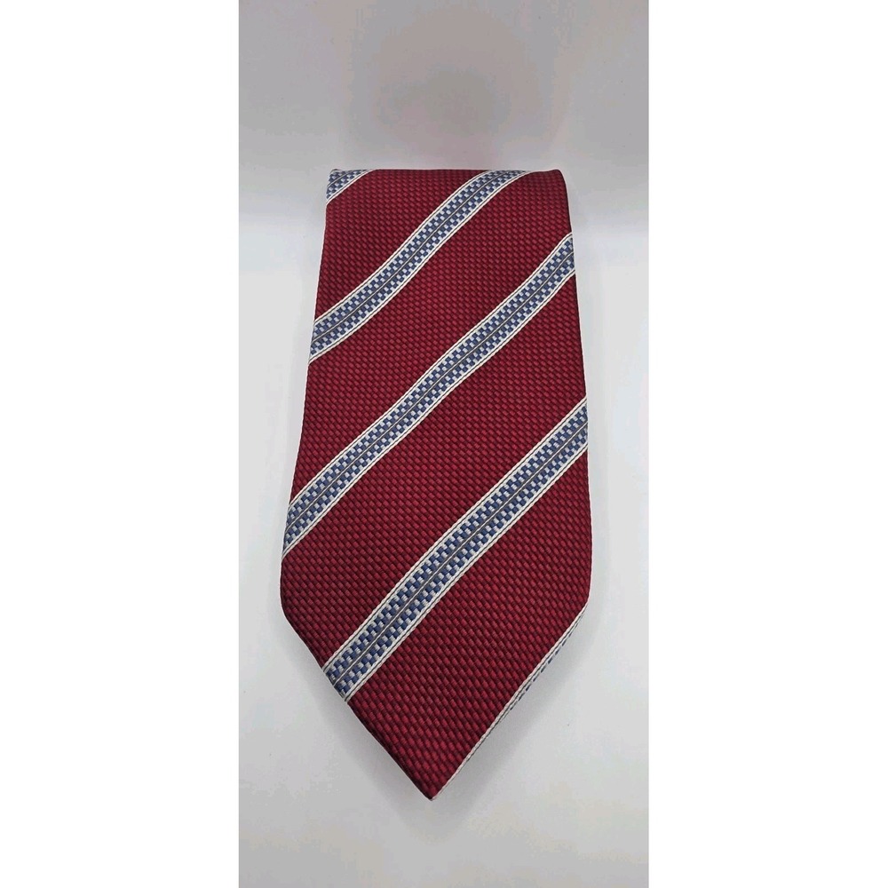 Jos A Bank Tie Mens Burgundy Red Blue White Geometric Striped Silk Necktie Italy